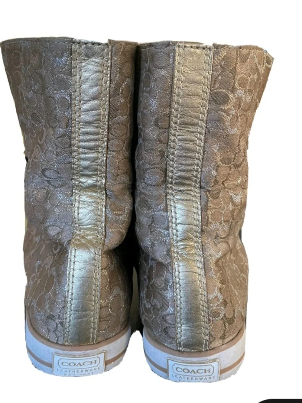 Coach Metallic Gold Monogram High-Top Sneaker with Shearling Collar